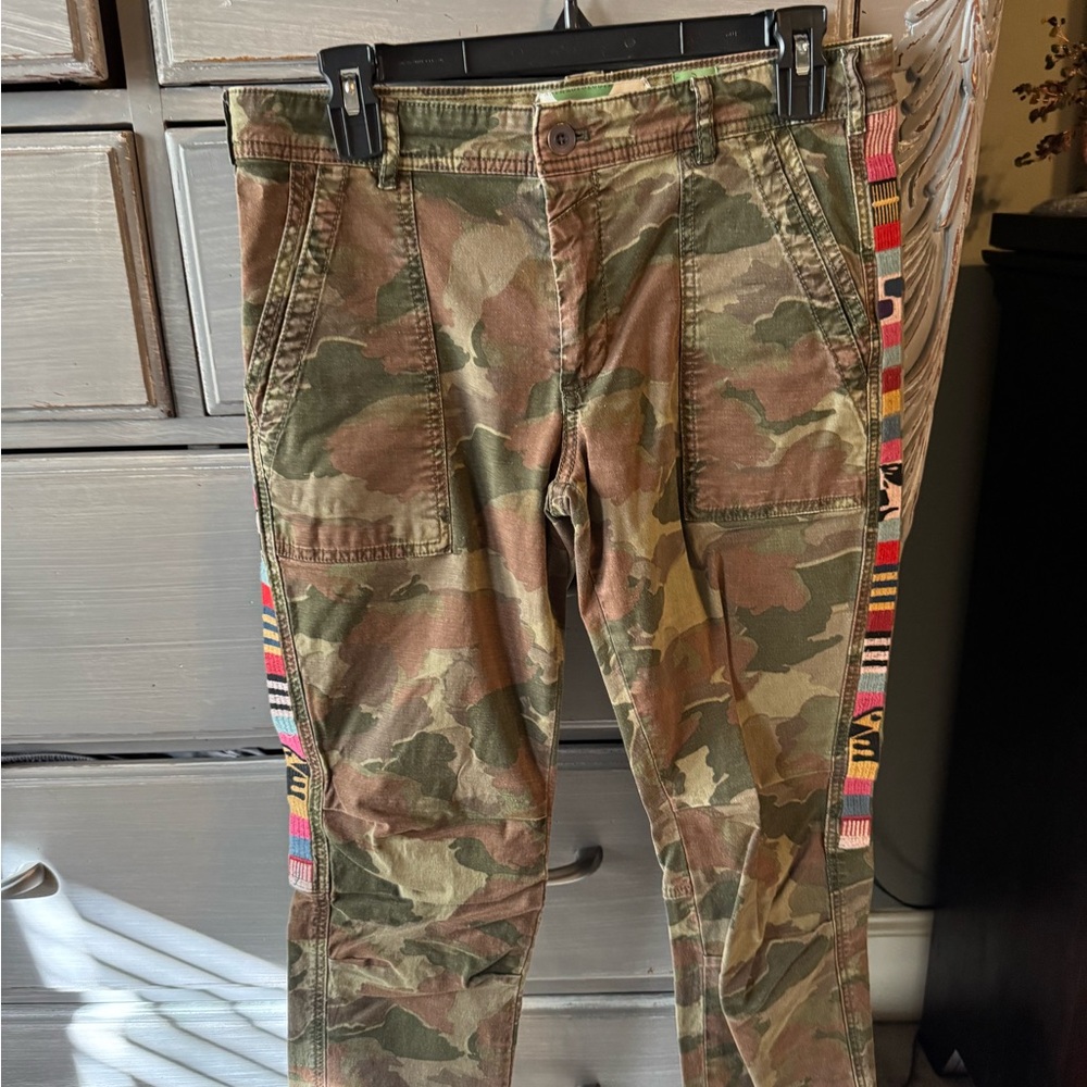Anthropologie Green and Brown Cargo Pants with Camouflage Print
